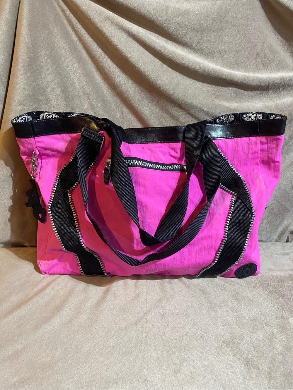 Kipling Pink Women's Tote Bag with Black Trim